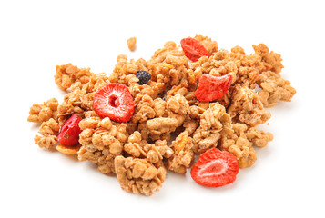 Granola with dried berries on white background