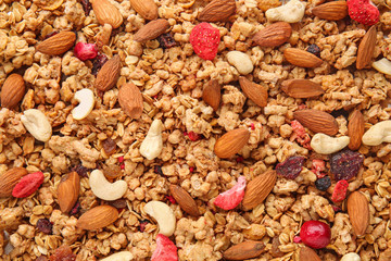 Granola with dried fruits and nuts, top view