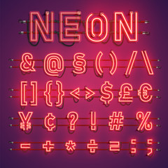 Realistic neon font with wires and console, vector illustration