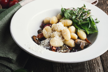 Gnocchi with roasted carrots, red cabbage and mushrooms, Vegetarian pasta