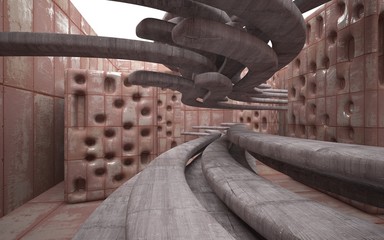 Obraz premium Empty smooth abstract room interior of sheets rusted metal and gray concrete. Architectural background. 3D illustration and rendering