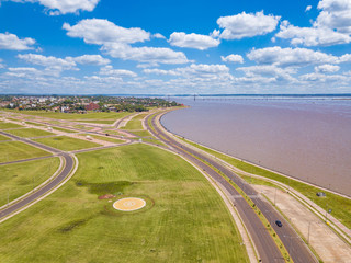 Aerial view of Encarnacion in Paraguay overlooking the bridge to Posadas in Argentina.
