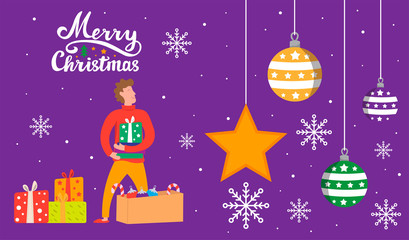 Merry Christmas illustration greeting card with man,star, gifts boxes and modern lettering Merry Christmas