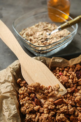 Delicious granola on baking tray, closeup