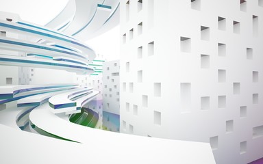 Abstract white interior with colored gradient glossy lines and floor. 3D illustration and rendering