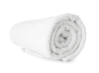 Fototapeta na wymiar Clean rolled towel on white background