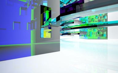 abstract architectural interior with colored smooth glass sculpture with black lines. 3D illustration and rendering