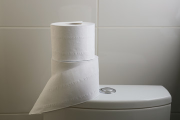 Rolls of soft paper on toilet tank in restroom