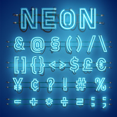 Realistic neon font with wires and console, vector illustration