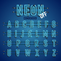 Realistic neon font with wires and console, vector illustration