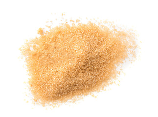 Fototapeta na wymiar Heap of granulated brown sugar on white background