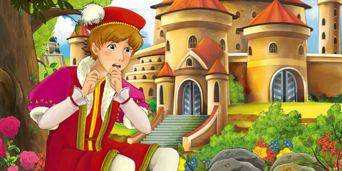 Obraz na płótnie Canvas Cartoon nature scene with beautiful castles near the forest with handsome young prince - illustration for the children