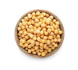 Bowl with chickpeas on white background