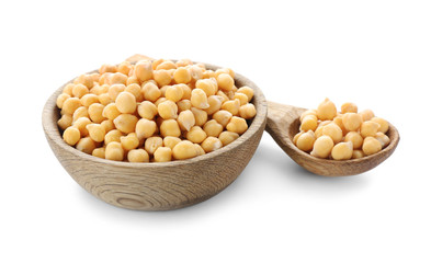 Bowl and spoon with chickpeas on white background