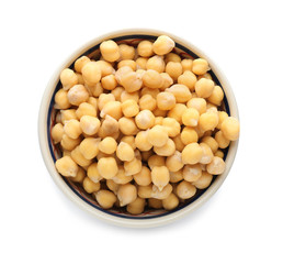 Bowl with chickpeas on white background
