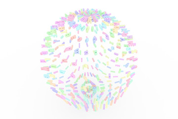 Colorful 3D rendering. Background abstract CGI typography, made up from alphabetic character sphere or planet for design, graphic resource.