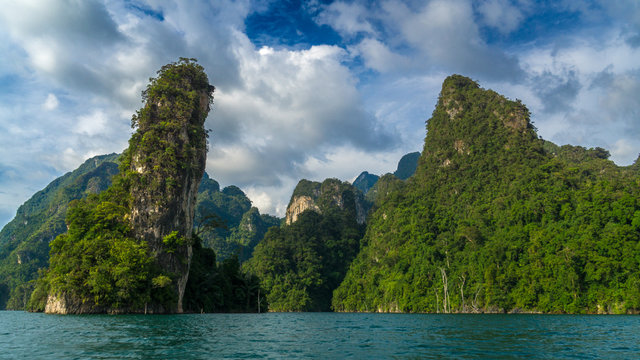 Panoramic view to landscape with mountains and Cheow lan lake natural attractions in Khao Sok National Park, Surat Thani Province, Thailand.