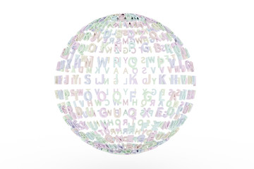 Made up from alphabetic character sphere or planet. For graphic design or background, CGI typography. Colorful 3D rendering.
