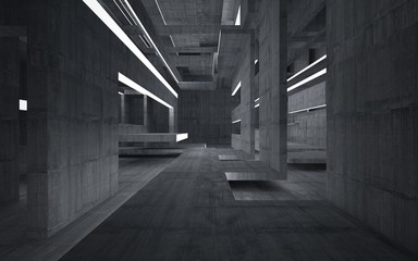 Empty dark abstract concrete room interior. Architectural background. Night view of the illuminated. 3D illustration and rendering