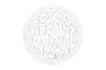 Gray or black and white b&w 3D rendering. Decorative, illustrations CGI typography, made up from alphabetic character sphere or planet, for design texture background.