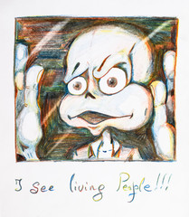umorik looks out the window at people. Fairy-tale character. Figure with colored pencils.