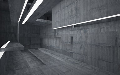 Empty dark abstract concrete room interior. Architectural background. Night view of the illuminated. 3D illustration and rendering