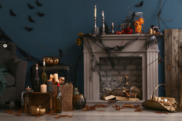 Interior of room decorated for Halloween party