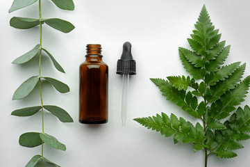 Bottle of eucalyptus essential oil on white background
