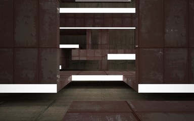 Empty abstract room interior of sheets rusted metal and concrete. Architectural background. Night view of the illuminated. 3D illustration and rendering