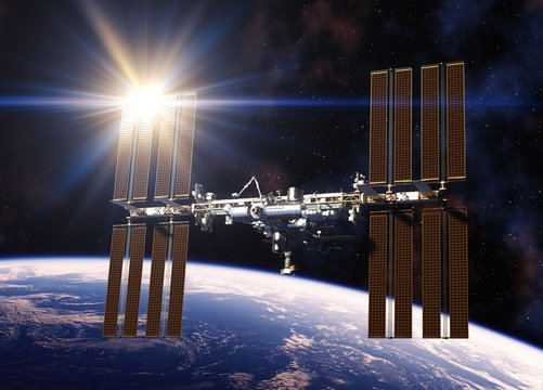 Reflecting Sun In Solar Panels Of International Space Station