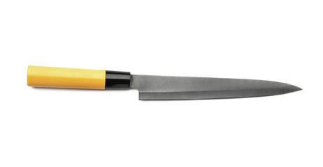 Knife with plastic handle on white background