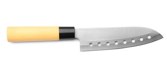 Knife with plastic handle on white background