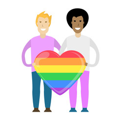Young gay couple holding a huge rainbow heart. LGBT. Romantic relationships