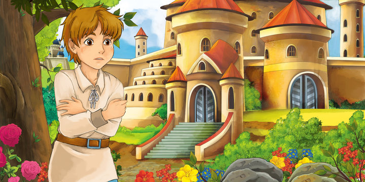 Cartoon nature scene with beautiful castles near the forest with handsome young boy - illustration for the children