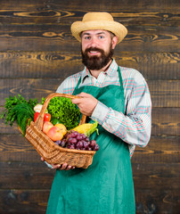 Fresh organic vegetables in wicker basket. Farmer straw hat presenting fresh vegetables. Farmer with homegrown vegetables in basket. Man bearded farmer presenting eco vegetables wooden background