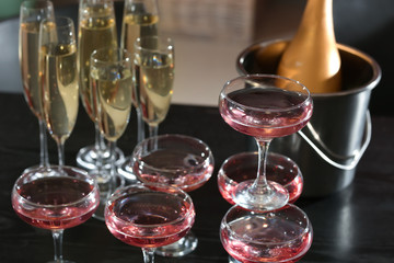 Glasses of champagne on table at party