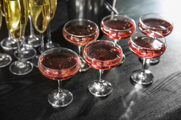 Glasses of champagne on table at party