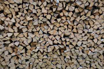 A pile of dry chopped firewood as a background