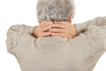 Fototapeta premium Senior woman suffering from neck pain on white background