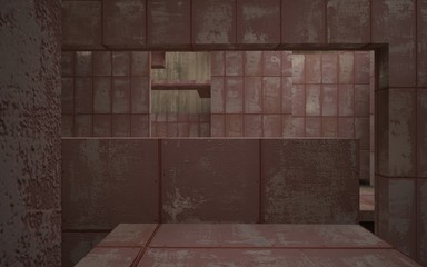 Empty abstract room interior of sheets rusted metal and beige concrete. Architectural background. 3D illustration and rendering