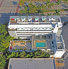 aerial view of pool and building