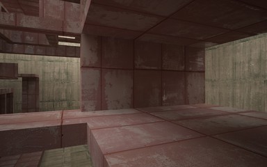 Empty abstract room interior of sheets rusted metal and beige concrete. Architectural background. 3D illustration and rendering