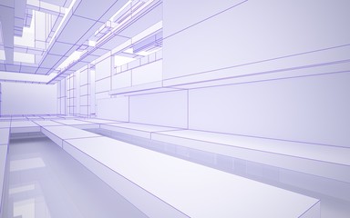 Abstract white interior highlights future. Polygon violet drawing. Architectural background. 3D illustration and rendering