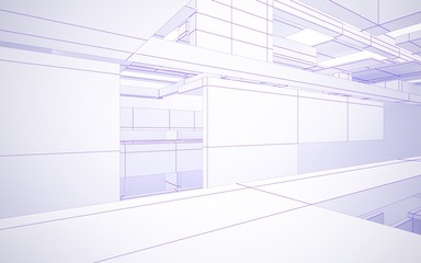 Abstract white interior highlights future. Polygon violet drawing. Architectural background. 3D illustration and rendering