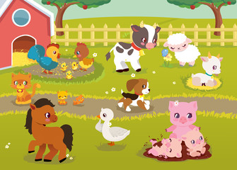 Cute Baby Farm animals with village landscape - cow, pig, sheep, horse, rooster, chicken, hen, goose, goat, cat, dog. Cute cartoon vector illustration in flat style
