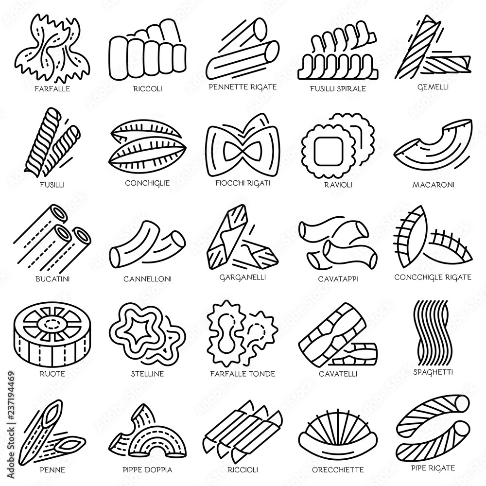 Aufkleber pasta icon set. outline set of pasta vector icons for web design isolated on white background