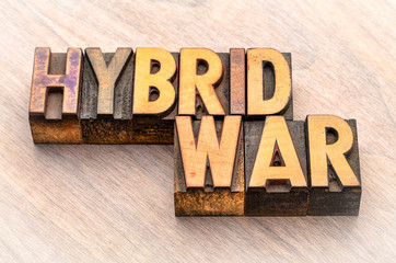hybrid war text in wood type