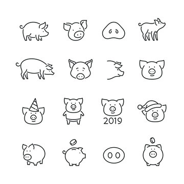 Pig related icons: thin vector icon set, black and white kit