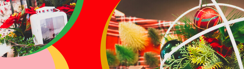 web banner design for christmas and new year event concept with gold and red shiny ball and other decorate item set on christmas tree with soft focus background