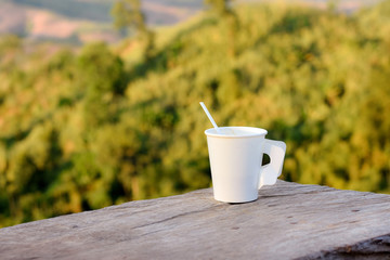 Disposable hot drink coffee cup with stirring plastic stick placed on rustic wooden bench in mountain tourist viewpoint. The cup should be brought to trash bin.